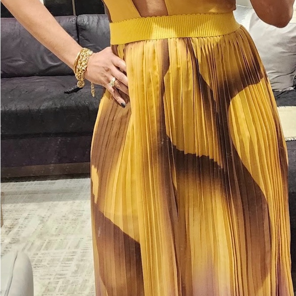 L’ATISTE Gold and Purple Pleated Halter Maxi Dress